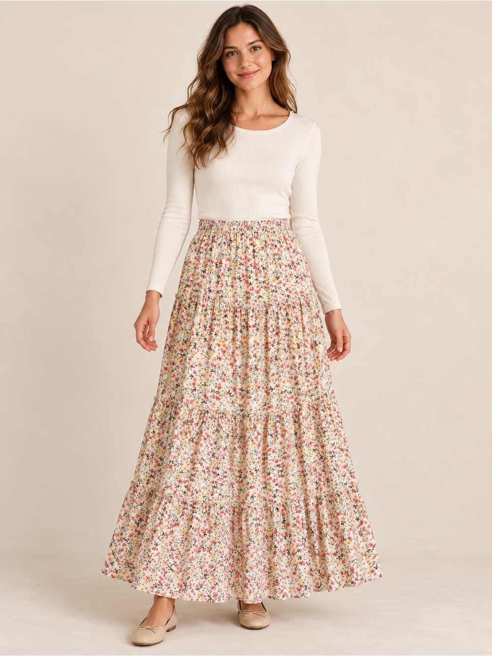 Ultra Flirt Cream Floral Tiered Maxi Skirt with Pink & Green Details